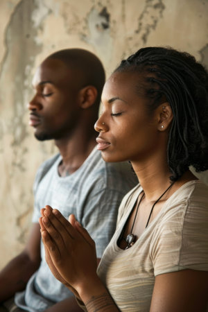 an African American couple engaging in a morning prayer or meditation session togetherの素材
