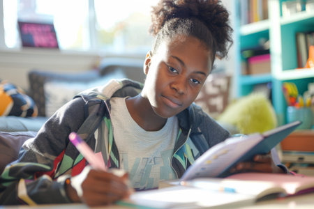 an African American teen setting up their study space for the day with a planner and school suppliesの素材