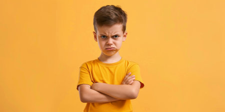a Caucasian boy expressing anger on a yellow studio backgroundの素材