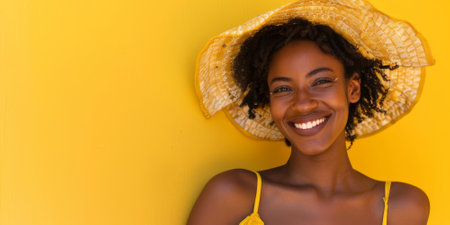 a Black woman in a yellow sundress, smiling brightly on a yellow studio backgroundの素材