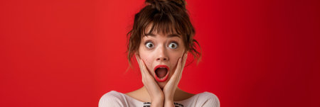 a Caucasian woman showing surprise on a red studio backgroundの素材