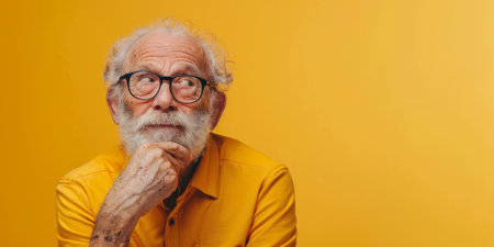 a Caucasian elderly person looking wise on a yellow studio backgroundの素材