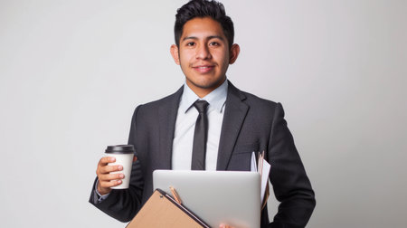 a Confident Hispanic Man: A man looking confident while holding a laptop, with a coffee cup, a stack of files, and a pen on a white studio background. He is dressed in professional business attireの素材
