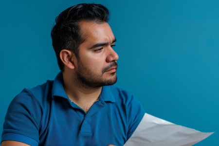 a Hispanic man in a blue polo shirt, looking thoughtful while reading a document on a blue studio backgroundの素材