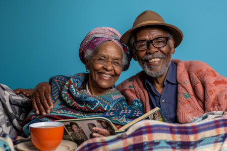 a Happy African American Elderly Couple: An older couple smiling warmly while sitting together with a photo album, a blanket, family photos, and a cup of tea on a blue studio background. They are dressed in comfortable, traditional attireの素材