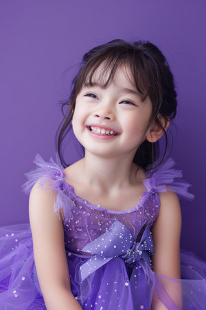 a Japanese child in a purple princess dress, looking joyful on a purple studio backgroundの素材
