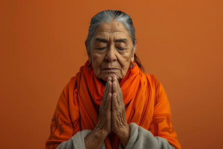 a Hispanic Elderly Woman Engaged in Prayer: A elderly Hispanic woman kneeling in prayer with a reverent expression, her hands folded and eyes closed in deep contemplation. The studio backdrop is a vibrant orange, symbolizing warmth and spiritualityの素材