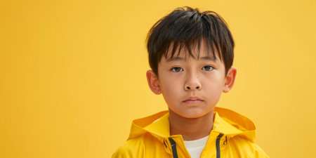 a Japanese boy in a yellow sports outfit, looking determined on a yellow studio backgroundの素材