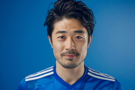a Japanese man in a blue sports jersey, looking content on a blue studio backgroundの素材