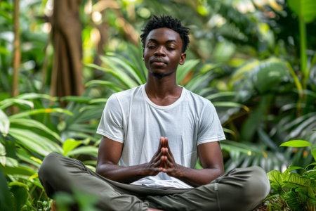 a Young African American Man Practicing Mindfulness: A young African American man sitting cross-legged in meditation, surrounded by lush greenery in a serene outdoor setting, as he practices mindfulness and connects with the present moment. The studio background is a vibrant green, symbolizing growth and renewalの素材