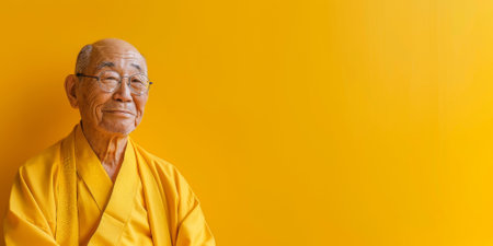 a Japanese elderly person in traditional yellow attire, looking serene on a yellow studio backgroundの素材