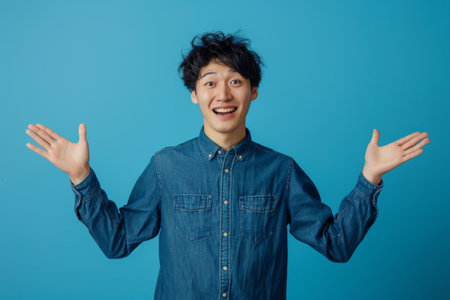 a Japanese man in a blue casual shirt, looking happy on a blue studio backgroundの素材