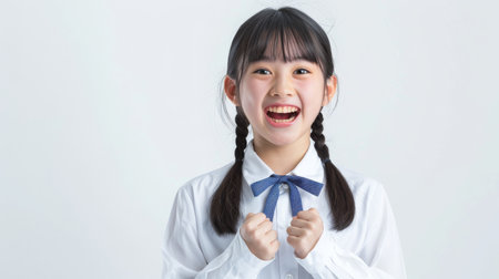 a Japanese girl in a white school uniform, showing excitement on a white studio backgroundの素材
