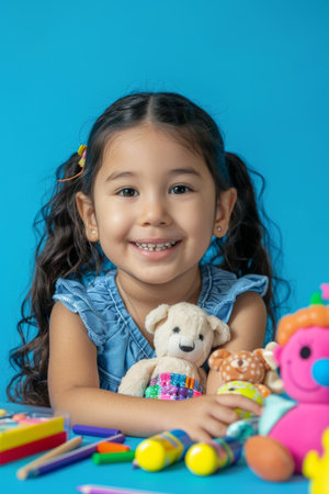 a Playful Hispanic Girl: A girl with a playful expression while holding a doll, with scattered toys, crayons, coloring books, and a stuffed animal on a blue studio background. She is dressed in casual, playful clothingの素材