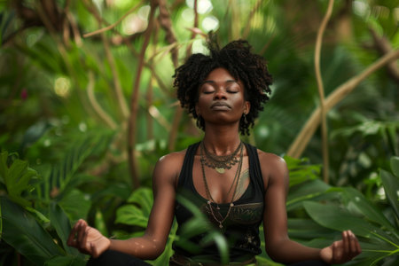 an African American Woman Meditating in Nature: An African American woman sitting in meditation amidst a tranquil natural setting, her eyes closed and hands resting on her knees as she connects with the earth's energy. The studio background is a lush green, representing harmony and balanceの素材