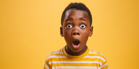 an African American boy expressing fear on a yellow studio backgroundの素材