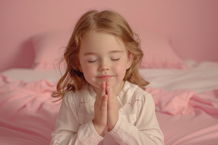 a Young Caucasian Girl Praying before Bed: A young Caucasian girl kneeling beside her bed, saying bedtime prayers with closed eyes and folded hands. The studio background is a soft pink, symbolizing innocence and purityの素材
