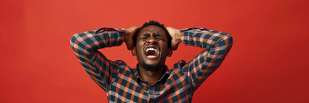 an African American man expressing frustration on a red studio backgroundの素材