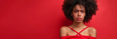 an African American woman in a fashionable red dress, looking worried with a concerned expression on a red studio backgroundの素材