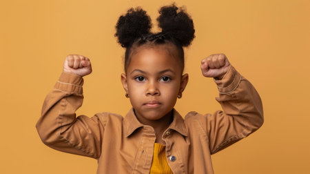 an African American girl showing determination on a beige studio backgroundの素材