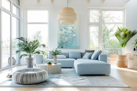Bright modern living room with a coastal theme. White walls, light blue furniture, and nautical decor. Large windows, potted plants, and light wood flooring.の素材