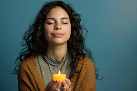a Hispanic woman praying with a candle: She sits with a lit candle in front of her, eyes closed in contemplation on a blue studio backdropの素材