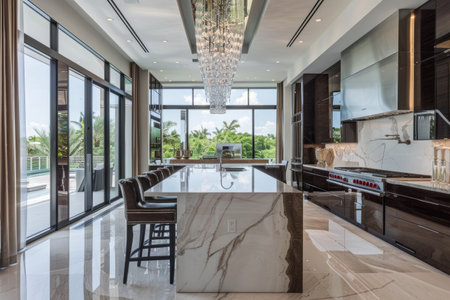 Elegant modern kitchen with a luxurious, high-end design. Marble countertops, dark wood cabinetry, and a large island with seating. Crystal chandelier, floor-to-ceiling windows with velvet drapes, and stylish decor items.の素材
