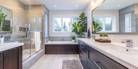 Luxurious modern bathroom with a contemporary design. Dark wood cabinetry, white countertops, and sleek fixtures. Large mirror, soft lighting, and green plants.の素材