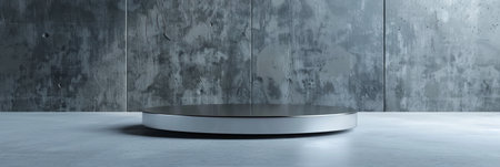 Polished steel product display podium on a modern gray background: Sleek and industrial, ideal for contemporary gadgets or minimalist designs, the steel podium and gray background create a sharp and stylish settingの素材