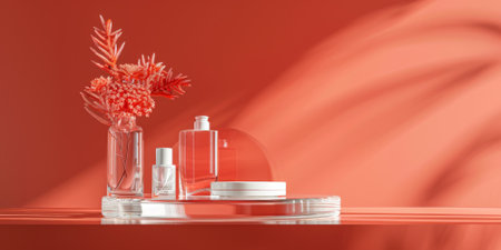 Smooth glass product display podium on a bright coral background: Modern and sleek, ideal for high-end beauty products or trendy accessories, the glass podium and coral background create a lively and contemporary lookの素材
