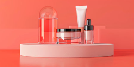 Smooth glass product display podium on a bright coral background: Modern and sleek, ideal for high-end beauty products or trendy accessories, the glass podium and coral background create a lively and contemporary lookの素材