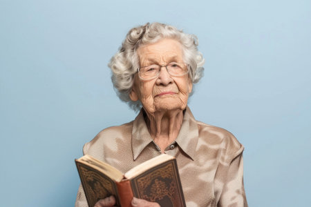 a Caucasian elderly woman praying with a bible: She sits with a bible in her lap, reading with a peaceful expression on a light blue studio backdropの素材