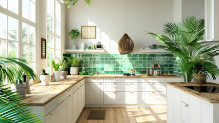 Bright and airy modern kitchen with a tropical theme. White cabinetry, green tile backsplash, and wooden countertops. Large windows, potted tropical plants, and a light, fresh color palette.の素材