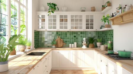 Bright and airy modern kitchen with a tropical theme. White cabinetry, green tile backsplash, and wooden countertops. Large windows, potted tropical plants, and a light, fresh color palette.の素材