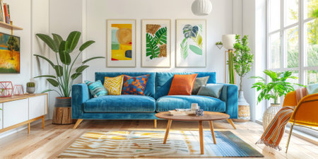 Contemporary living room with a bright, airy feel. Light wood flooring, white walls, and a blue sofa with colorful cushions. Decor includes potted plants, a wooden coffee table, and art pieces with vibrant designs. Large windows let in plenty of natural light.の素材