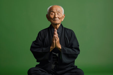 an elderly Japanese man meditating in prayer: He sits peacefully with closed eyes and hands resting on his knees on a green studio backgroundの素材