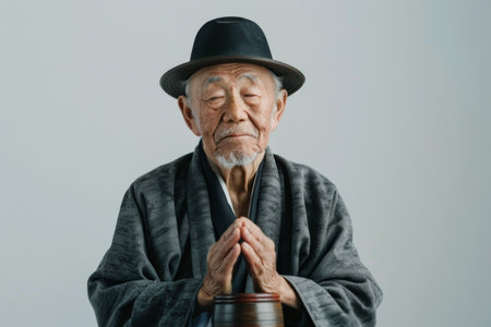 an elderly Japanese man praying with a prayer wheel: He sits with a prayer wheel in his hands, eyes closed in concentration on a white studio backdropの素材