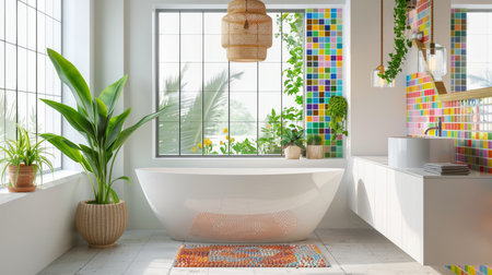 Bright modern bathroom with a colorful design. Vibrant tiles, white cabinetry, and playful decor. Large windows, potted plants, and unique lighting.の素材