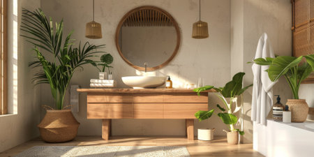 Cozy modern bathroom with a natural aesthetic. Wooden vanity, stone sink, and green plants. Warm lighting, simple decor, and soft textiles.の素材