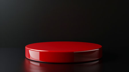 Glossy red lacquer product display podium on a dramatic black background: Vibrant and eye-catching, perfect for bold and dynamic products, the contrast between the red and black creates intense a powerful visual impact, evoking passion and excitementの素材