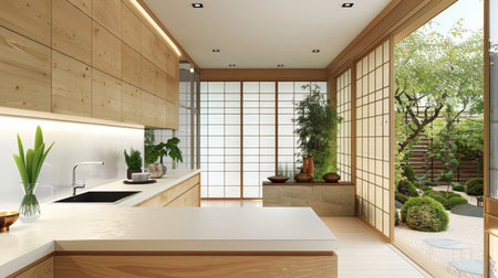 Elegant modern kitchen with a minimalist, Japanese-inspired design. Light wood cabinetry, white countertops, and shoji screens. Simple decor, potted plants, and large windows offering views of a Zen garden.の素材