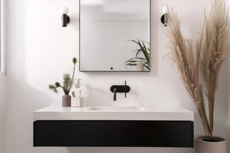Minimalist modern bathroom with clean lines. White walls, black fixtures, and a floating vanity. Simple decor, large mirror, and potted plants.の素材