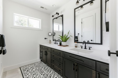 Minimalist modern bathroom with a black and white theme. White walls, black fixtures, and a floating vanity. Simple decor, geometric tiles, and large mirror.の素材