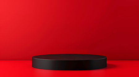 Matte black product display podium on a red background: Bold and dramatic, perfect for luxury items or striking designs, the black podium and red background create a powerful and attention-grabbing lookの素材