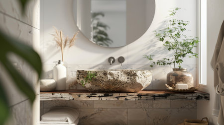 Minimalist modern bathroom with natural elements. Stone sink, wooden countertop, and white walls. Simple decor, large mirror, and potted plants.の素材