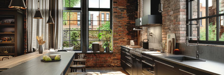 Modern kitchen with a sophisticated, urban design. Exposed brick walls, dark cabinetry, and stainless steel countertops. Industrial-style lighting, large windows with sheer curtains, and contemporary art pieces.の素材