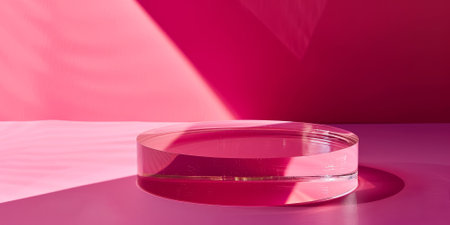 Polished acrylic product display podium on a vibrant magenta background: Glossy and modern, perfect for chic accessories or beauty products, the acrylic podium and magenta background create a fashionable and dynamic lookの素材
