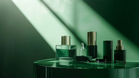 Polished glass product display podium on a dark green background: Modern and sleek, ideal for luxury cosmetics or high-end accessories, the glass podium and green background create a refined and contemporary lookの素材