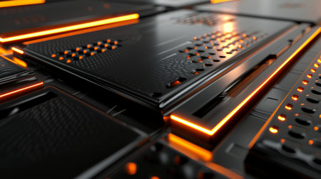 Polished black metal with reflective orange highlights: Industrial and dynamic, great for tech showcases or modern product displays, the black metal and orange highlights create a powerful and sleek settingの素材