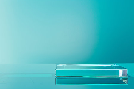 Polished glass product display podium on a vibrant cyan background: Modern and sleek, ideal for high-end cosmetics or luxury jewelry, the glass podium and cyan background create a contemporary and energetic lookの素材